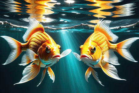 Two goldfish underwater, the light shimmers and plays underwater, realistic 3d illustration.の素材