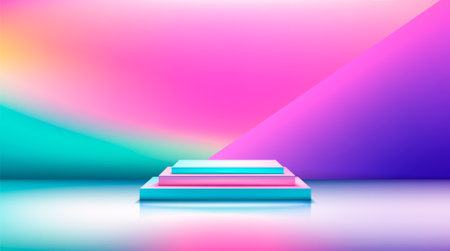 White cylinder podium in empty scene. Minimal scene in holographic rainbow design. Product presentation, mock up, show cosmetic product, Podium, layout, stage pedestal or platform.のイラスト素材