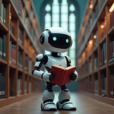 Cute robot studying in the library. Machine learning fantasy, metaphor, realistic 3d render.の素材