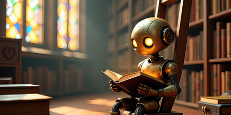 Cute robot studying in the library. Machine learning fantasy, metaphor, realistic 3d render.の素材