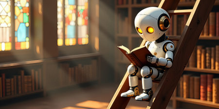 Cute robot studying in the library. Machine learning fantasy, metaphor, realistic 3d render.の素材