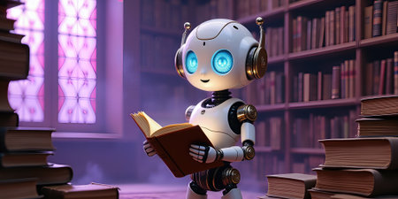 Cute robot studying in the library. Machine learning fantasy, metaphor, realistic 3d render.の素材