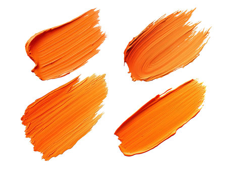 Orange paint brush stroke isolated on transparent background. PNG, Realistic 3d render artistic fluid brush blending vibrant shades. Textured with light and shadows. Isolated set.の素材
