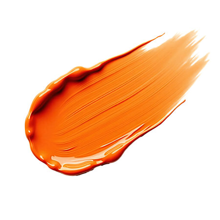 Orange paint brush stroke isolated on transparent background. PNG, Realistic 3d render artistic fluid brush blending vibrant shades. Textured with light and shadows. Isolated set.の素材