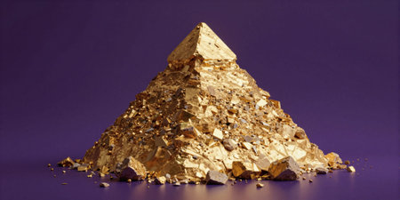 A golden pyramid of shattered glass and crystals rises against purple.