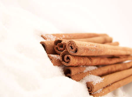 Horizontal image of cinnamon sticks piled in granulated white sugar, viewed at an angle.の写真素材