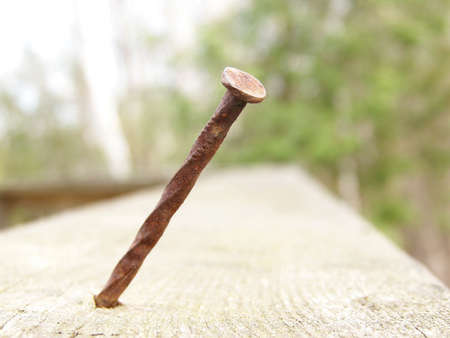 Image of a rusty nail in wood.   Horizontal orientation.の写真素材