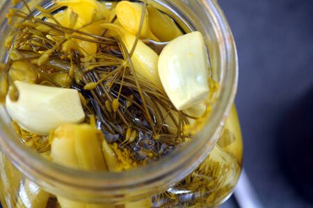 Homemade Pickled Beans in a glass jar, with dill and garlic.の写真素材
