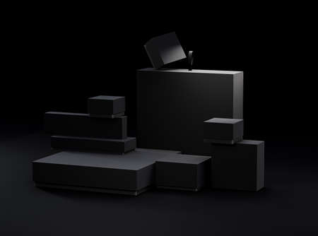 Black Square fashion Boxes Mockup,, 3d rendered isolated on Dark background, Dark paper jewelry shoe box cardboard box container. 3d rendering.の写真素材