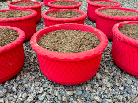 beautiful pots with potting mix soil filled in themの写真素材