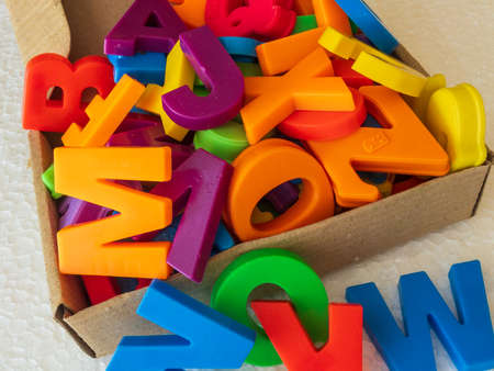 Closeup of a alphabet letters in a boxの写真素材