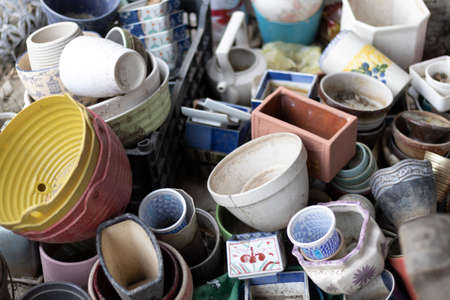 various used ceramic and clay pots for succulents and cactusの写真素材