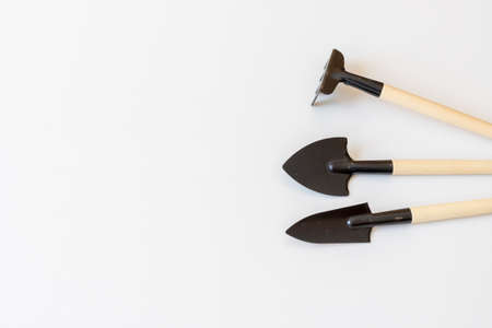 Miniature gardening tools with white backgroundの写真素材