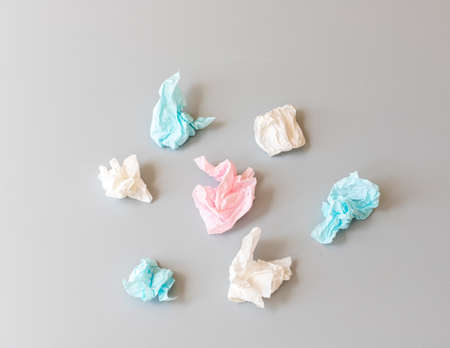 Tissue paper used laying on a table high angle viewの写真素材