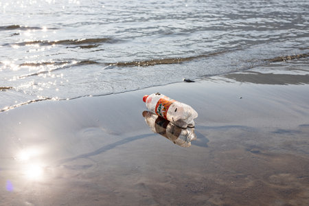 Plastic bottle lies on the beach polluting the sea and marineの写真素材