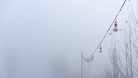 Shiny vintage light bulbs of different colors in the window at duskの写真素材
