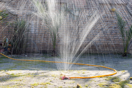 Water sprinkler splashing the water in the air to water the lawn. Selective focus.の写真素材