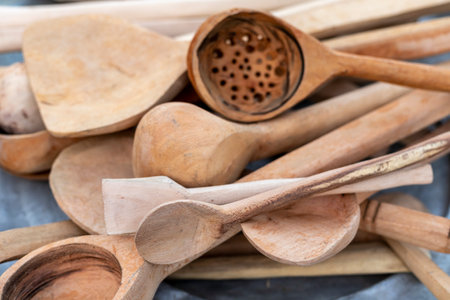 Kitchenware set of wooden spoon closeup.の写真素材