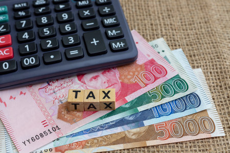 Wooden cubes with the word TAX on Pakistani banknotes. Calculating tax concept.の写真素材