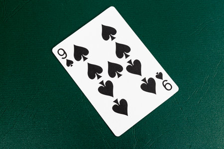 Nine of Spades Playing Card on Green Tableの写真素材