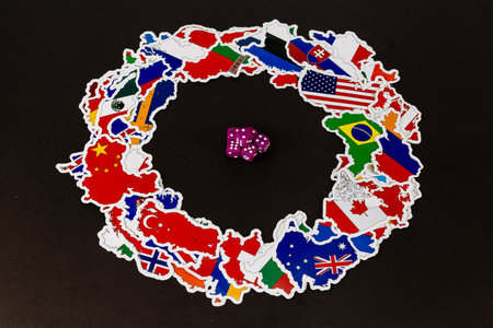 Cluster of Purple Dice Surrounded by Flag Map Countriesの写真素材