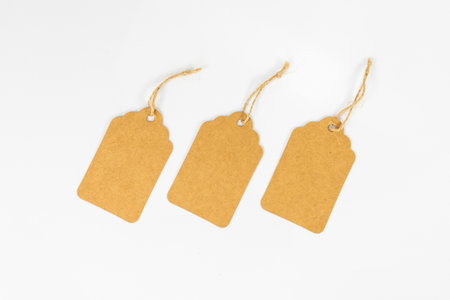 Set of Three Blank Kraft Paper Tags with Twine on White Backgroundの写真素材