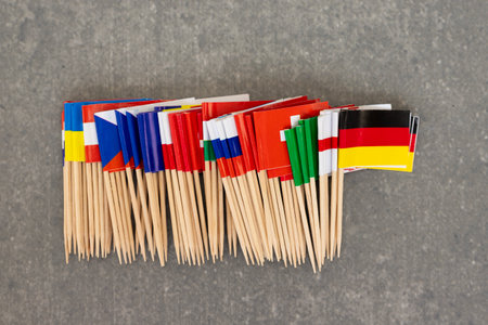 Assorted European Mini Flags on Wooden Toothpicksの写真素材
