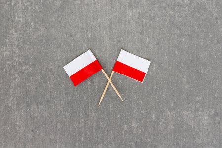 Two Polish Flags Crossed on Grey Surfaceの写真素材