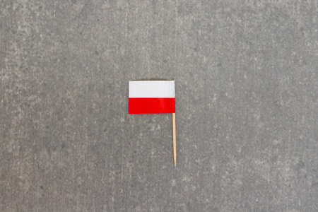 Vertical Polish Flag Centered on Grey Surfaceの写真素材