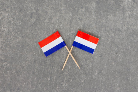 Crossed Mini Dutch Flags on Gray Backgroundの写真素材
