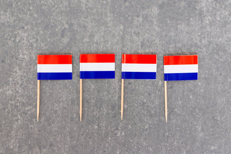 Row of Mini Dutch Flags on Gray Backgroundの写真素材