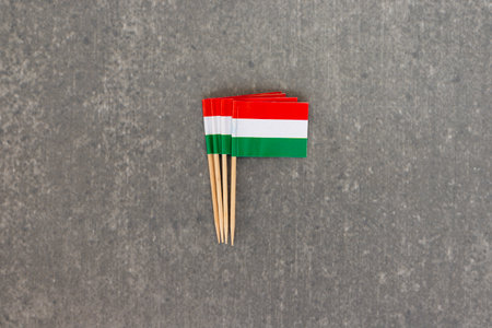 Stack of Small Hungarian Flags on Gray Backgroundの写真素材