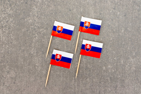 Set of Four Slovakia Flags Arranged on Gray Backgroundの写真素材