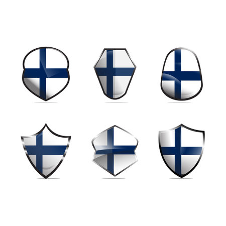 Finland flag, vector illustration on a white background, set of shield icons with national colors.のイラスト素材