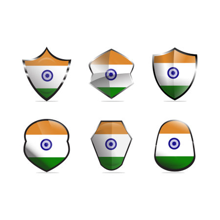 India flag in shield shape vector icon set. National flag of India.のイラスト素材
