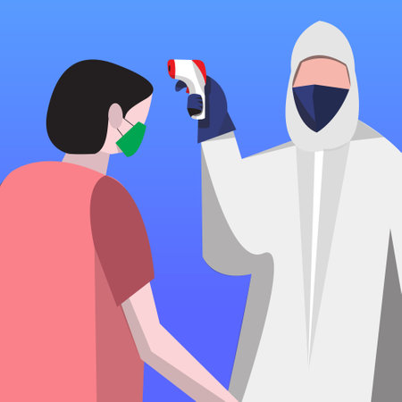 Man in protective suit and mask using infrared thermometer to measure body temperature. Vector illustrationのイラスト素材