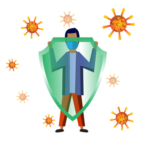 Coronavirus protection concept. Man in medical mask and shield protecting himself from virus. Vector illustrationのイラスト素材