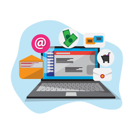 laptop computer with social media related icons over white background. colorful design. vector illustrationのイラスト素材