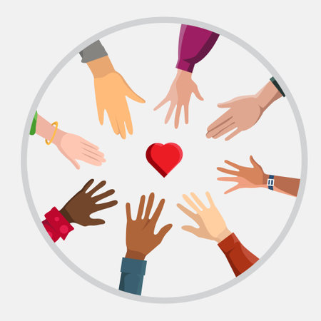 Hands of different races around a red heart. Vector illustration.のイラスト素材