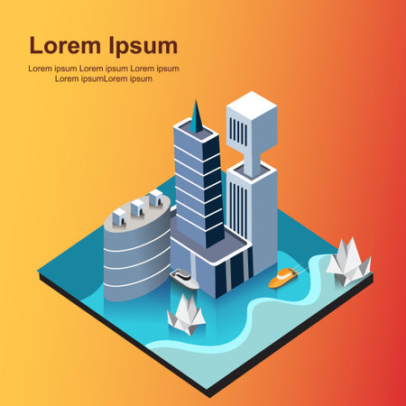 Isometric flat 3D vector illustration of a modern city on an orange backgroundのイラスト素材