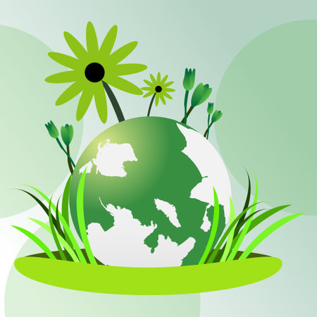 Ecology background with green grass and globe. Vector Illustration.のイラスト素材