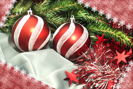 Christmas composition: balls, a tinsel and a fur-tree branchの写真素材