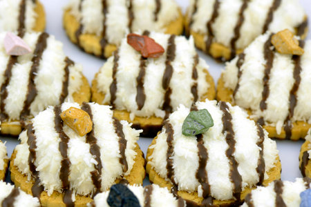 Several coconut cookies with chocolate stripes decorated with chocolate pebbleの写真素材