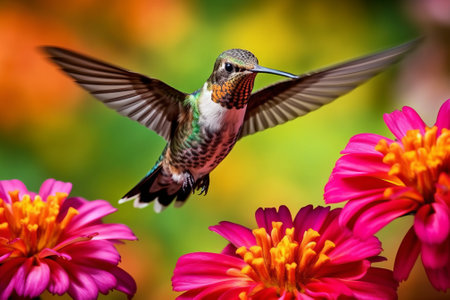 Female Ruby-throated Hummingbird feeding on pink zinnia flowers - ai generativeの素材