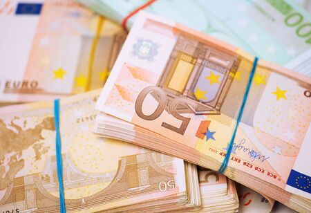 Euro. Money. Closeup cropped image macro photo of European union currency bills, euro banknotes...