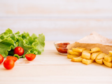Healthy vs unhealthy food, dieting concept. Lettuce salad, cherry tomatoes on left side and french fried potatoes on the right on woody table studio background with copy space.の写真素材