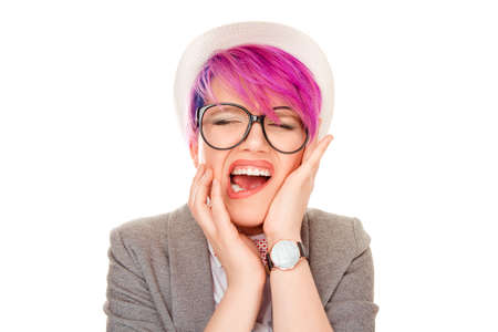 Doleful desperate crying woman having tooth ache, looks stressfully, frowns face, isolated over...