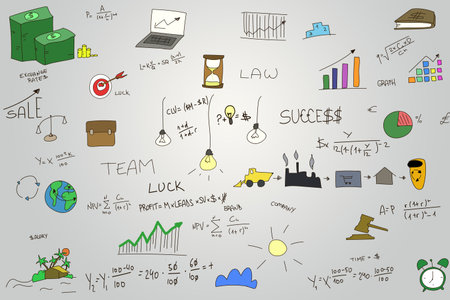 Business doodles hand drawn Sketch illustration set. Infographics elements isolated on gray. Lots of icons included graphs, stats, devices, formulas concepts. Raster horizontal image.の写真素材