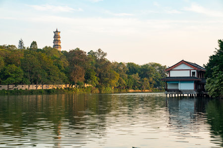 West Lake Scenic Area, Sizhou Tower, Huizhou City, Guangdong Province, Chinaのeditorial素材