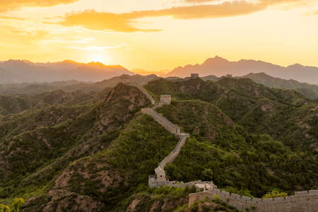 China, Chengde City, Hebei Province, Luanping County, Jinshanling Great Wall Scenic Area, Great Wall Sunsetの写真素材